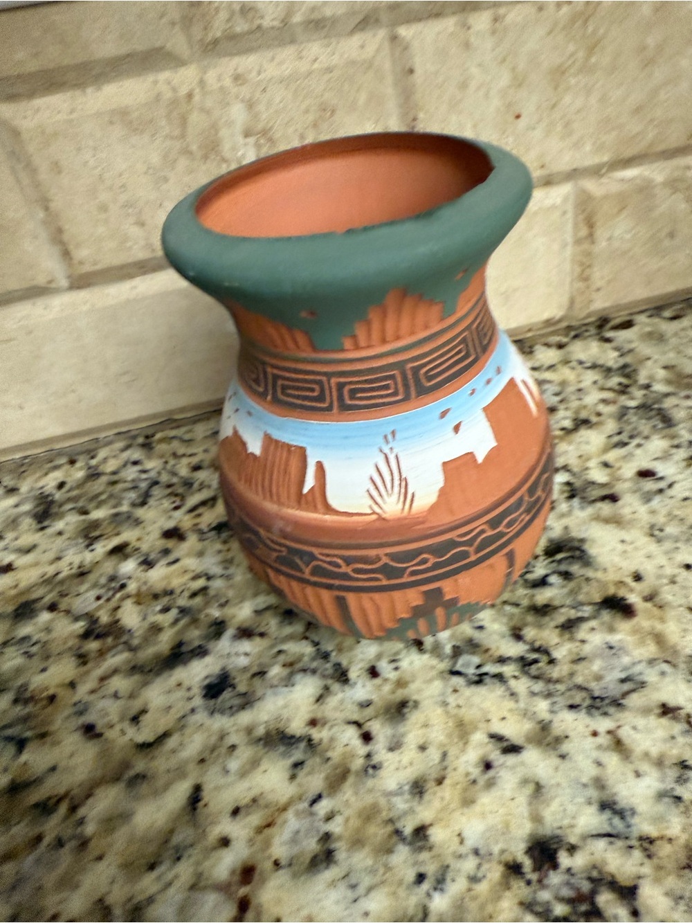 Hand-Painted Southwestern Terra Cotta Vase with Green Rim